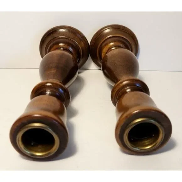 Vintage Pair Hand Turned Wooden Candlestick or Taper Holders 6.5" - Picture 3 of 8